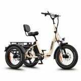 Beige electric tricycle with a seat and cargo rack on a white background #color_cream