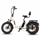 White electric tricycle with a seat and cargo rack on a white background #color_cream