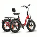 Red electric tricycle with a black seat and storage rack on a white background #color_red