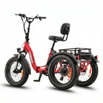 Red electric tricycle with a black seat and rear storage rack on a white background #color_red