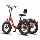 Red electric tricycle with a black seat and rear storage rack on a white background #color_red