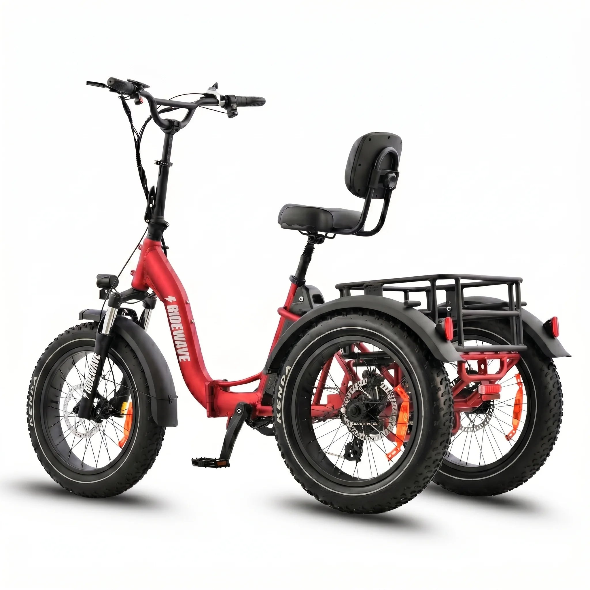Red electric tricycle with a black seat and rear storage rack on a white background #color_red