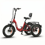 Red electric tricycle with a black seat and basket on a white background #color_red