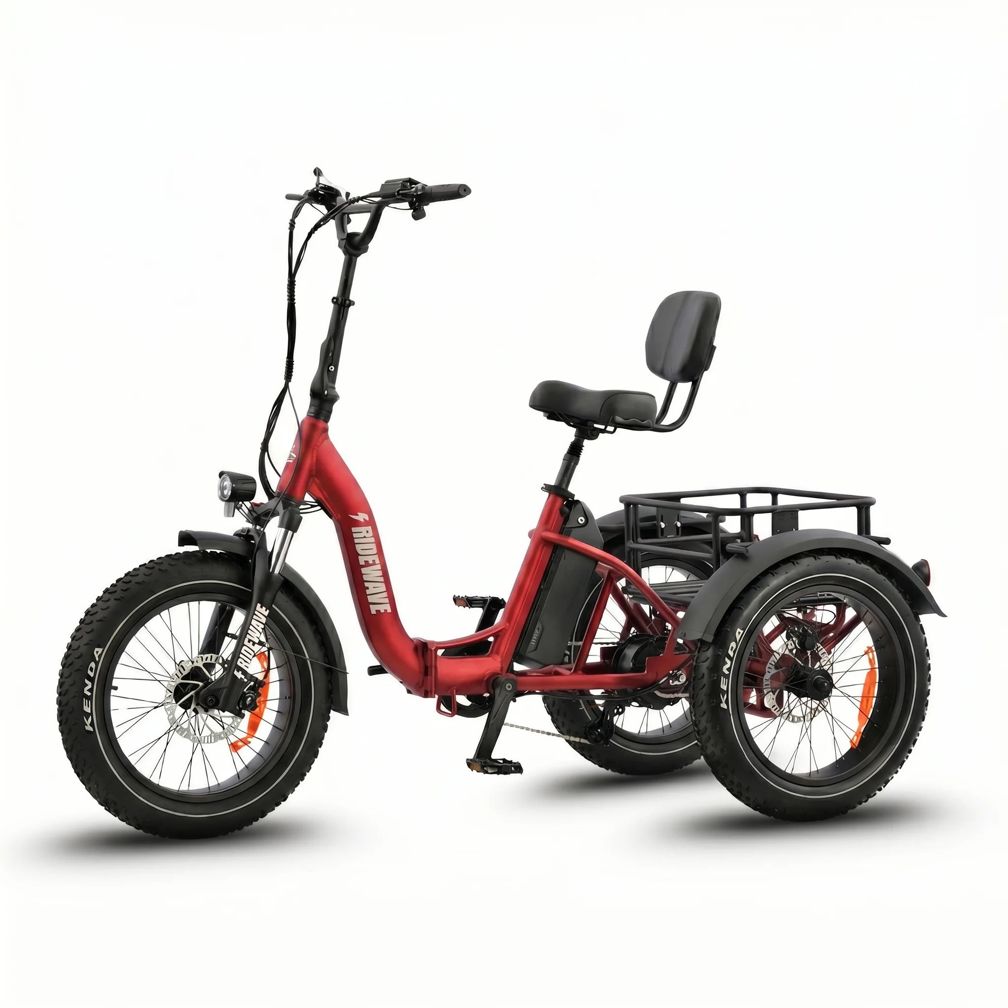 Red electric tricycle with a black seat and basket on a white background #color_red