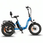 Blue electric tricycle with a visible brand logo on a white background #color_sky-blue
