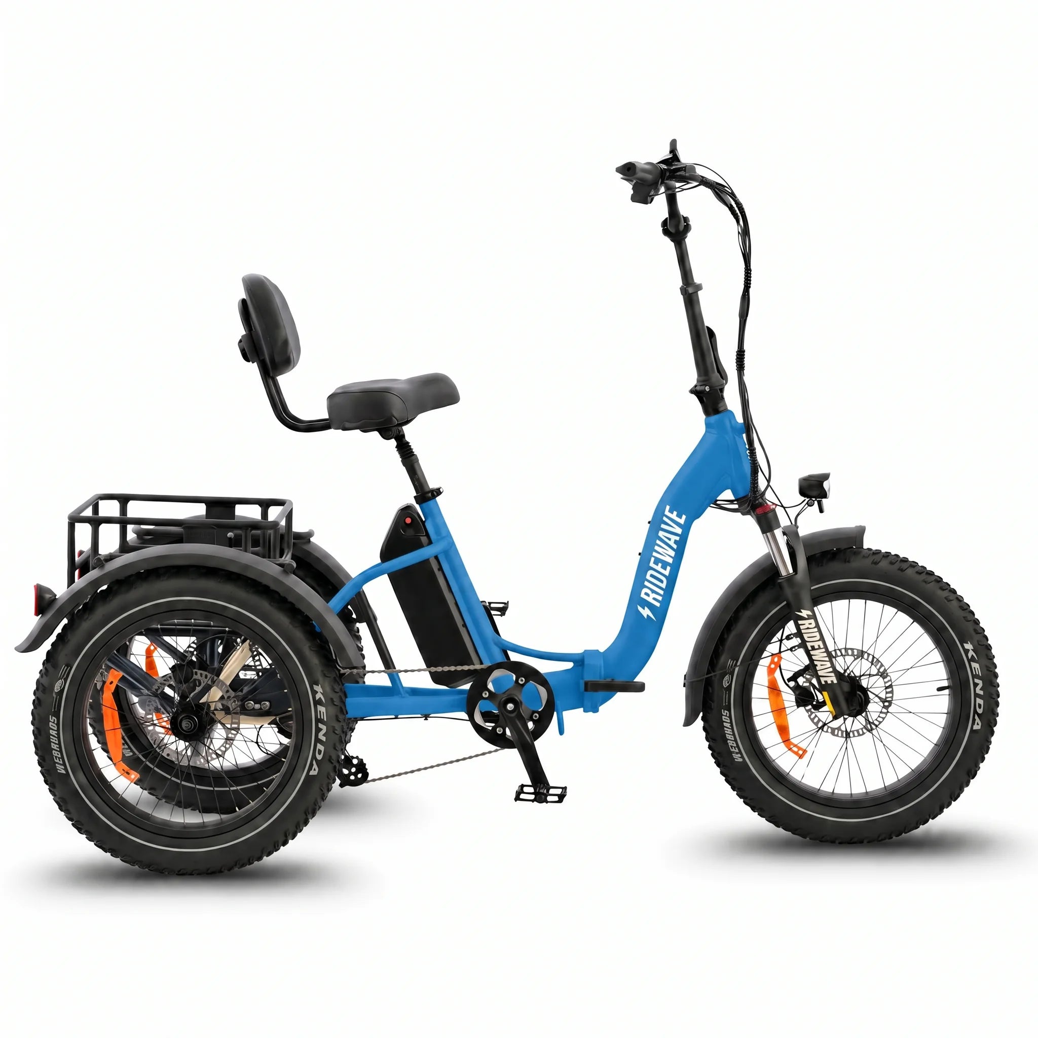 Blue electric tricycle with a visible brand logo on a white background #color_sky-blue
