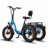 Blue electric tricycle with a seat and cargo rack on a white background #color_sky-blue