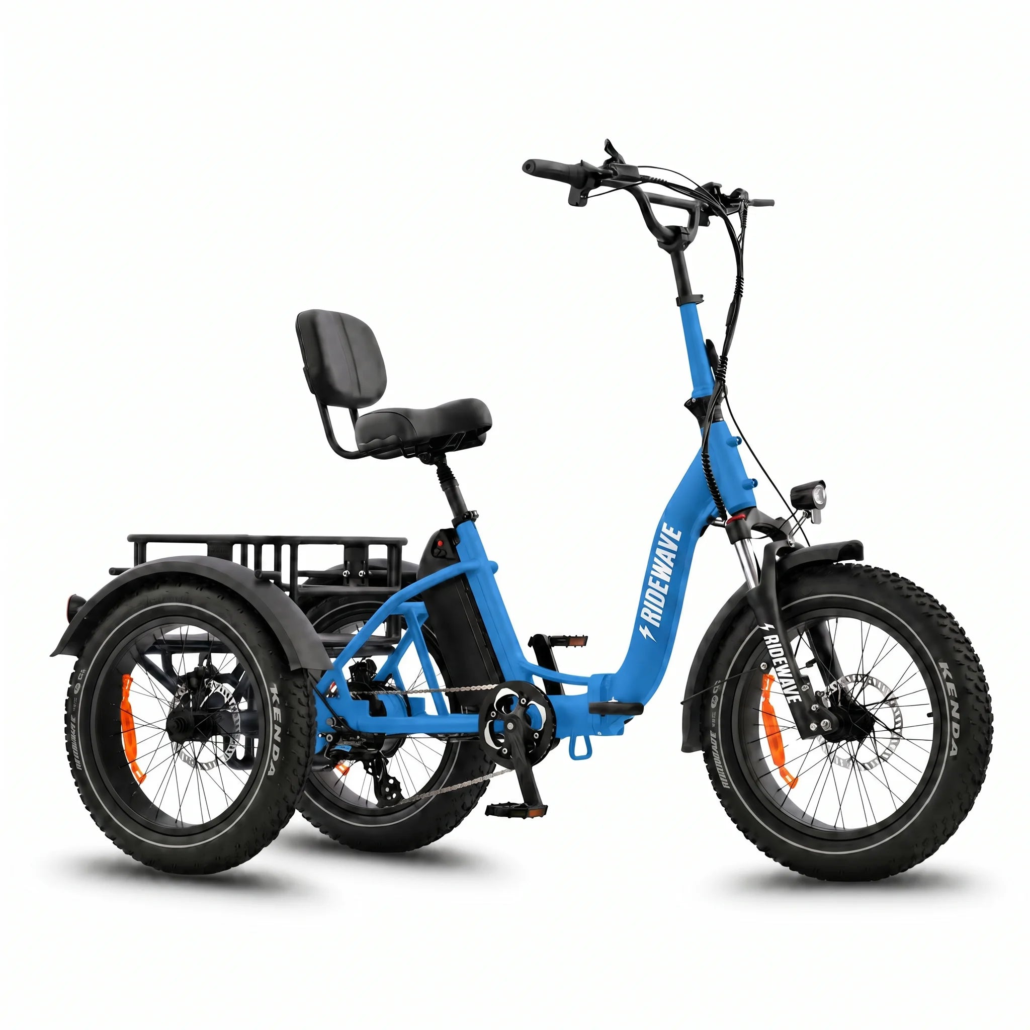 Blue electric tricycle with a seat on a white background #color_sky-blue
