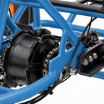 Close-up of a blue bicycle frame with mechanical components on a white background #color_sky-blue