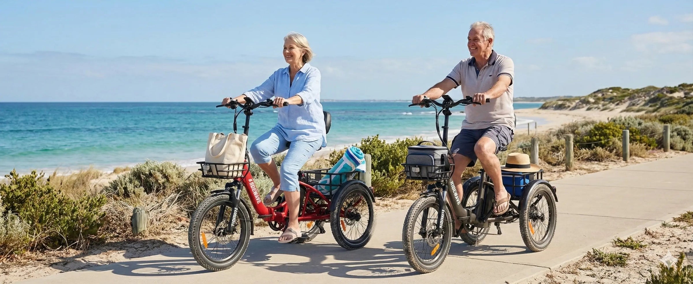 Two riders on Ridewave electric trikes riding along an Australian coastal path