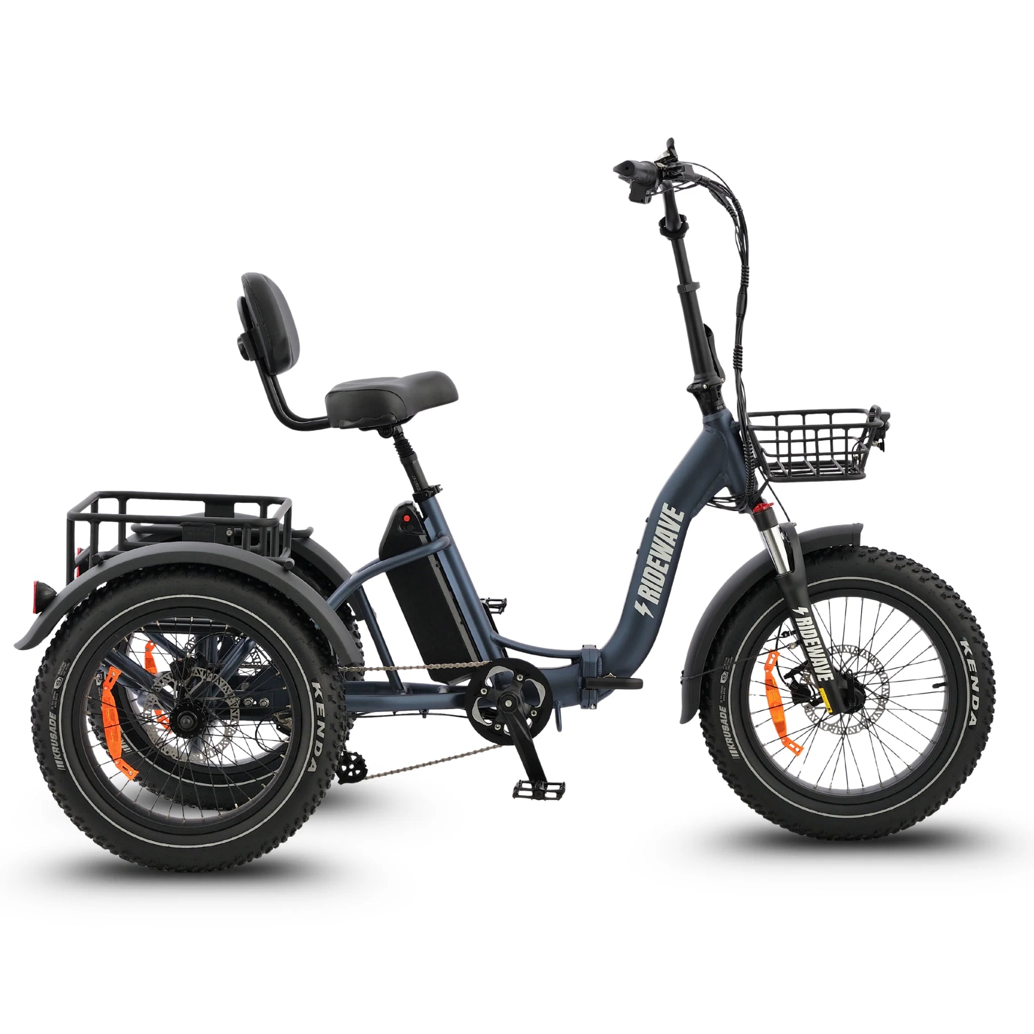 #color_slate-blue Slate blue electric tricycle with a basket on a white background