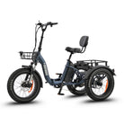 #color_slate-blue Blue electric tricycle with a basket and seat on a white background