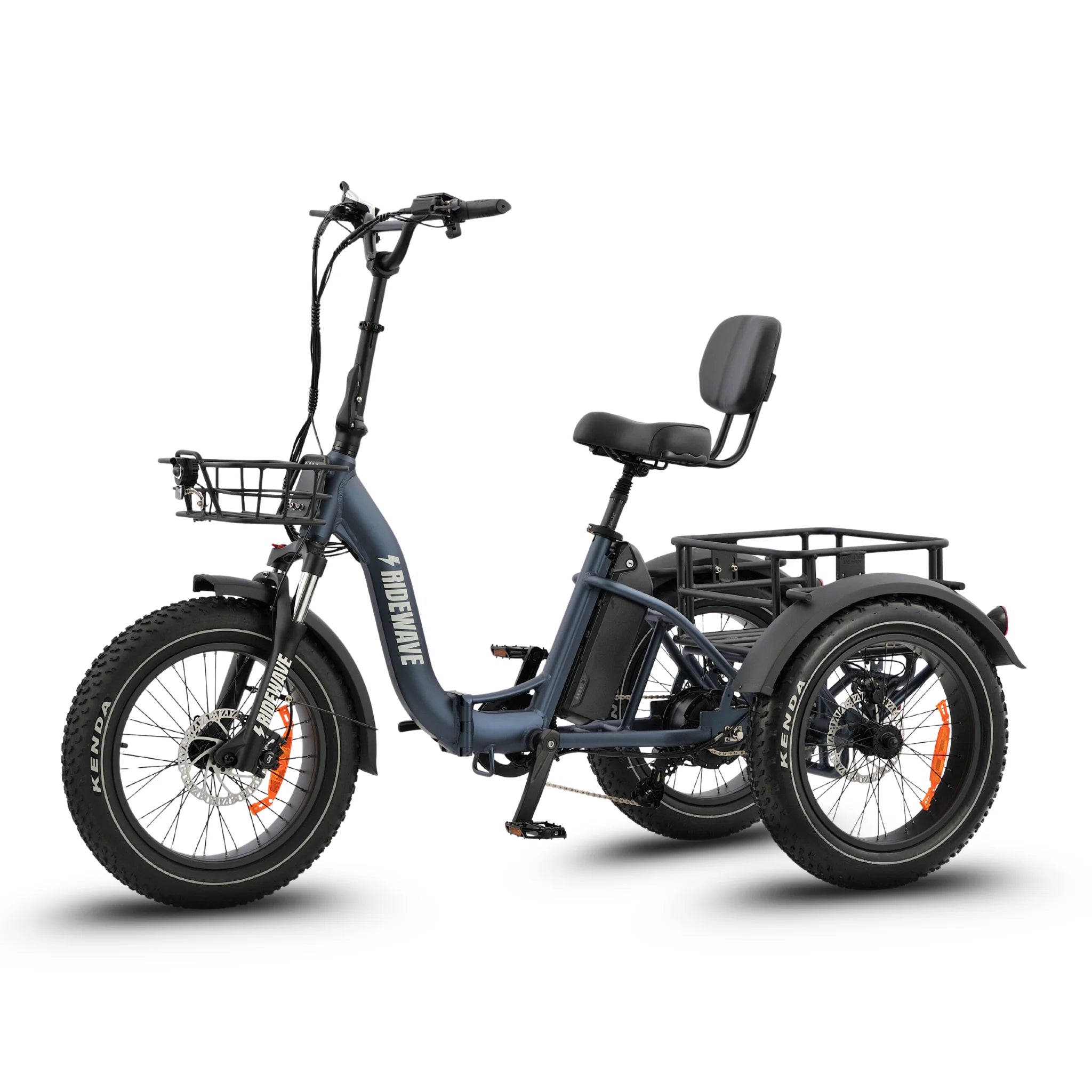 #color_slate-blue Blue electric tricycle with a basket and seat on a white background