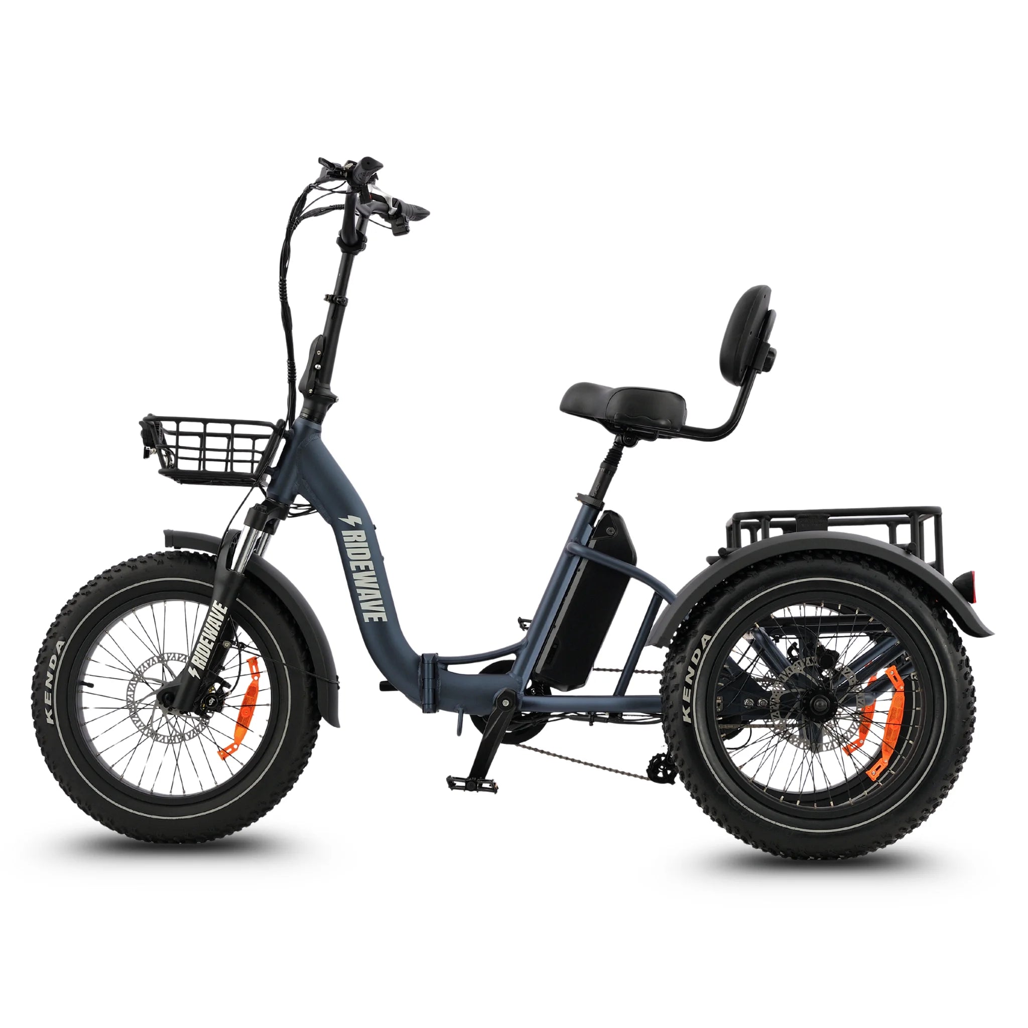 #color_slate-blue Electric tricycle with a basket and seat on a white background