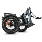 #color_slate-blue Blue electric tricycle with a cargo rack on a white background