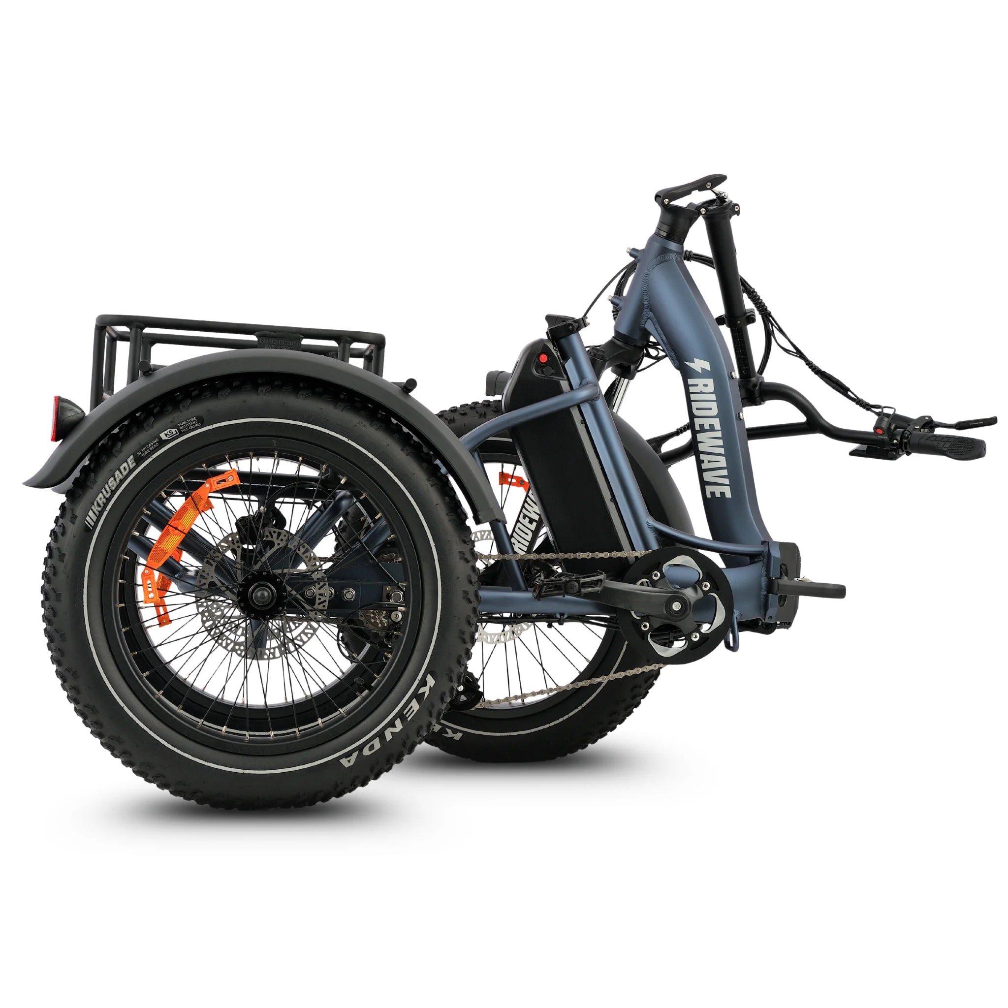 #color_slate-blue Blue electric tricycle with a cargo rack on a white background