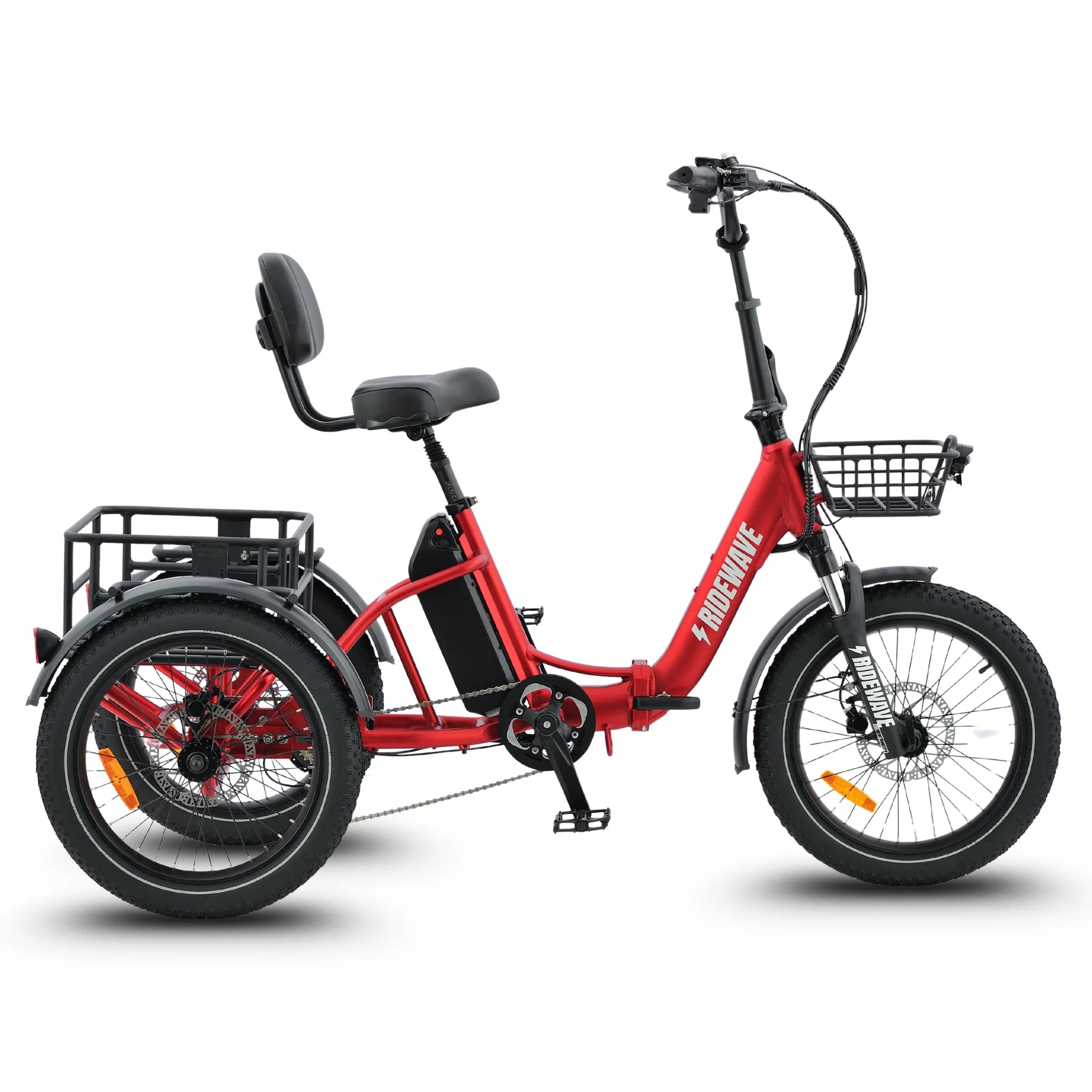 #color_red Wombat Folding Fat Tyre Etrike in red with front basket and stable three-wheel design