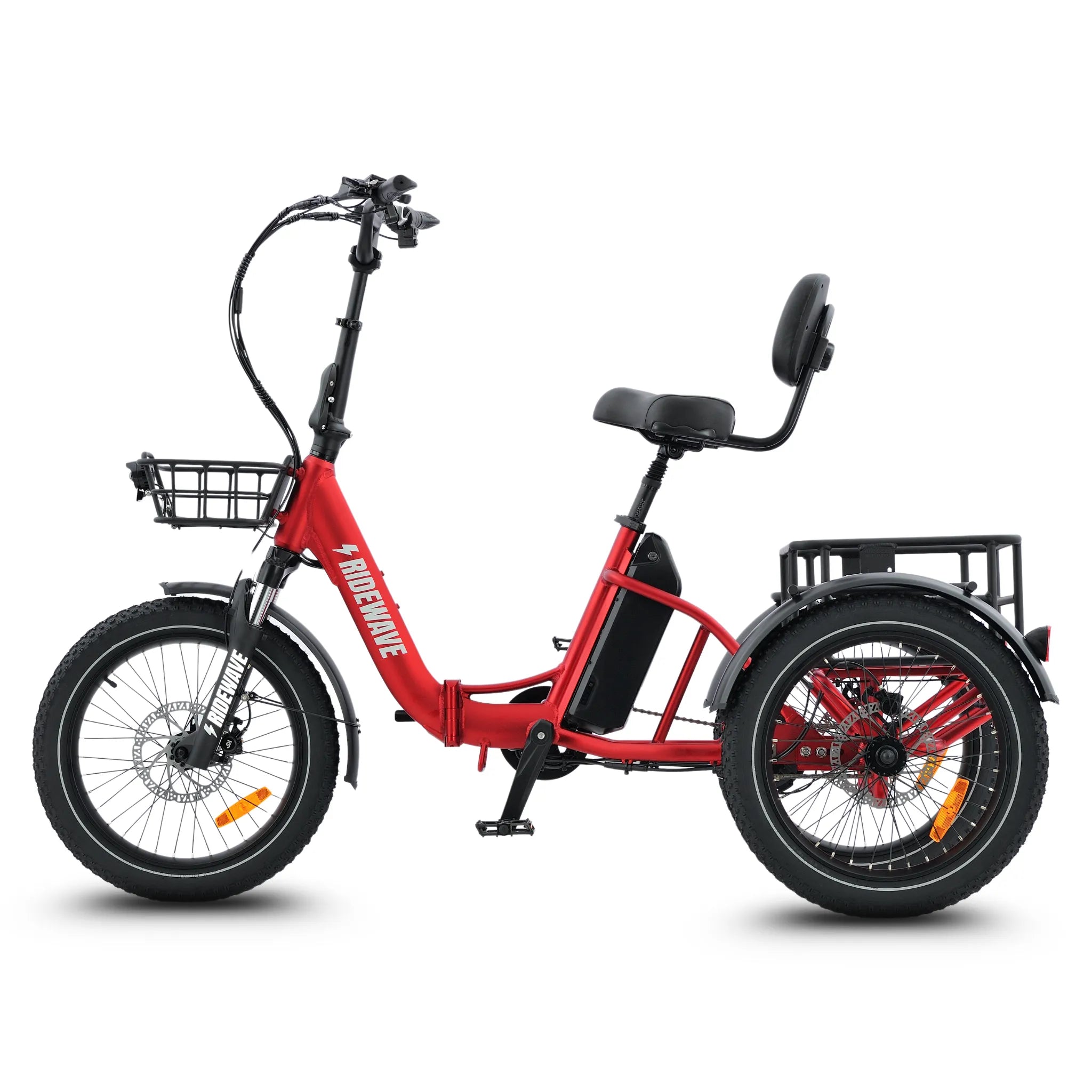 #color_red Red electric tricycle with a basket and seat on a white background