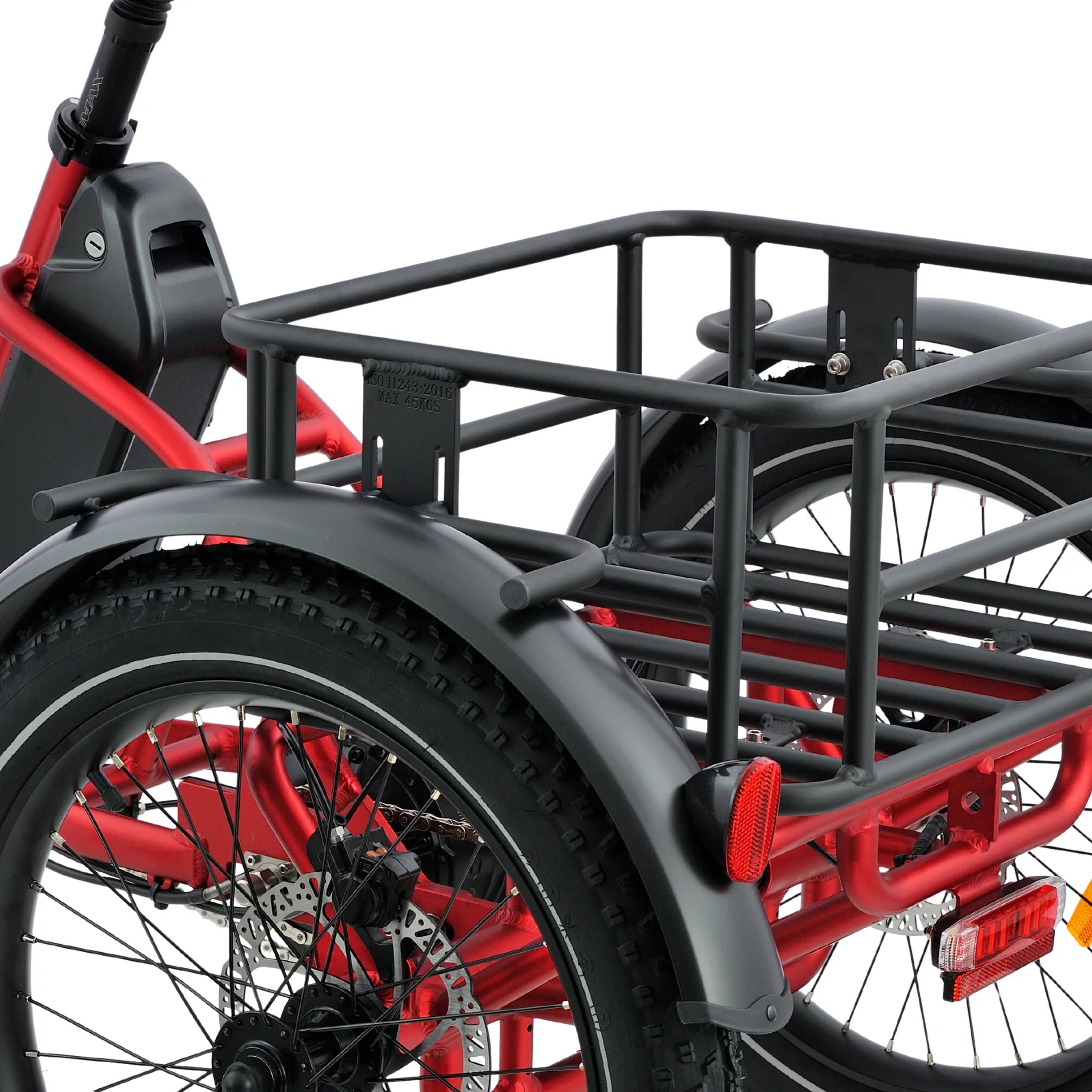 #color_red Red Electric Tricycle with a black cargo rack on a white background