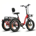 #color_red Red electric tricycle with a black seat and basket on a white background