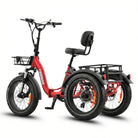 #color_red Red electric tricycle with a black seat and basket on a white background