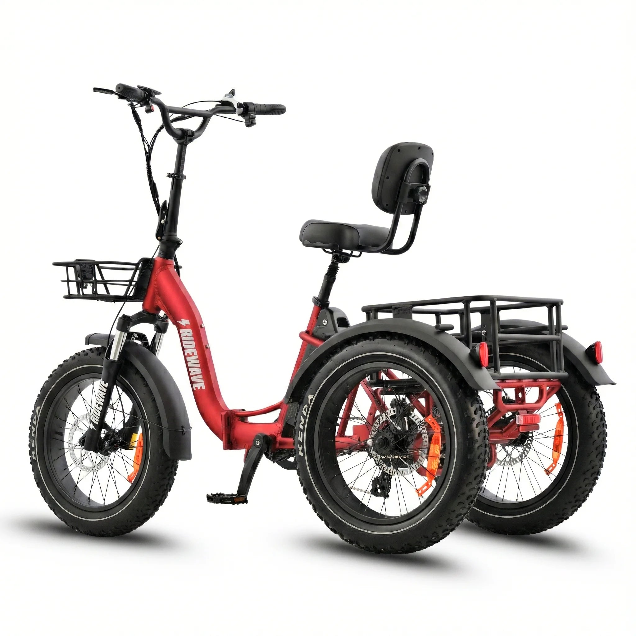 #color_red Red electric tricycle with a black seat and basket on a white background