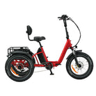 Red electric tricycle with a black seat and front basket on a white background
