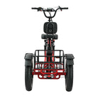 Red and black tricycle with a basket on a white background