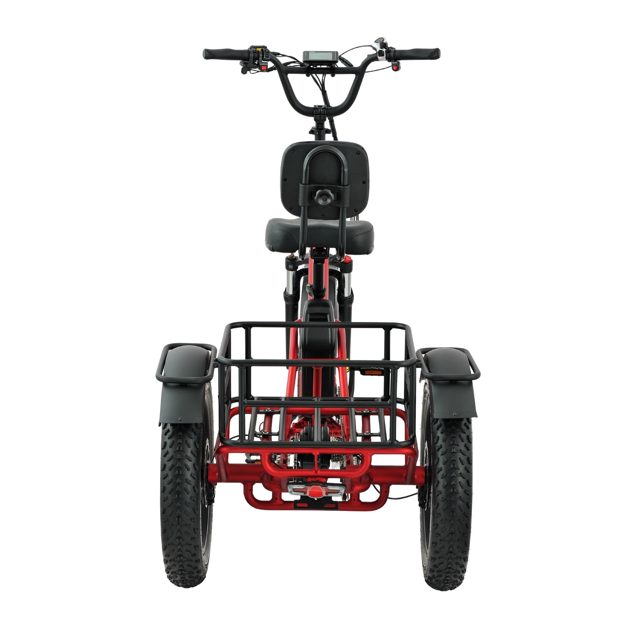 Red and black tricycle with a basket on a white background