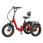 Red electric tricycle with a black seat and rear rack on a white background