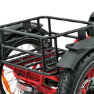 Red and black off-road bicycle with a cargo rack on a white background