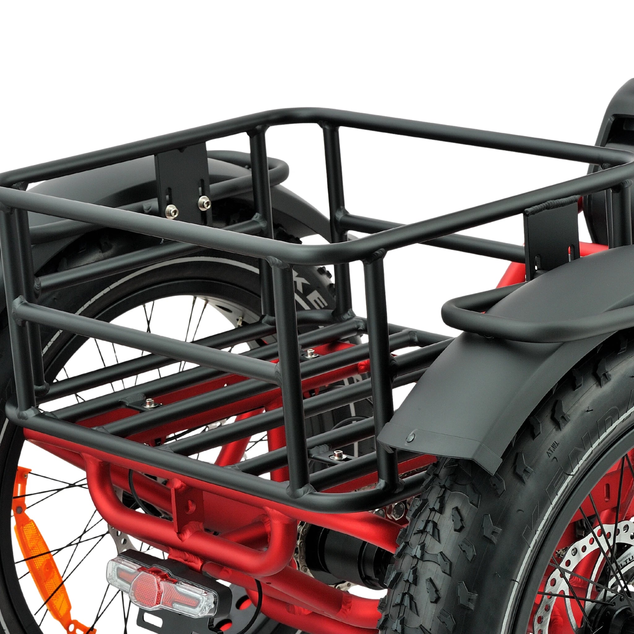 Red and black off-road bicycle with a cargo rack on a white background
