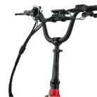Close-up of a bicycle handlebar with red brake lever on a white background