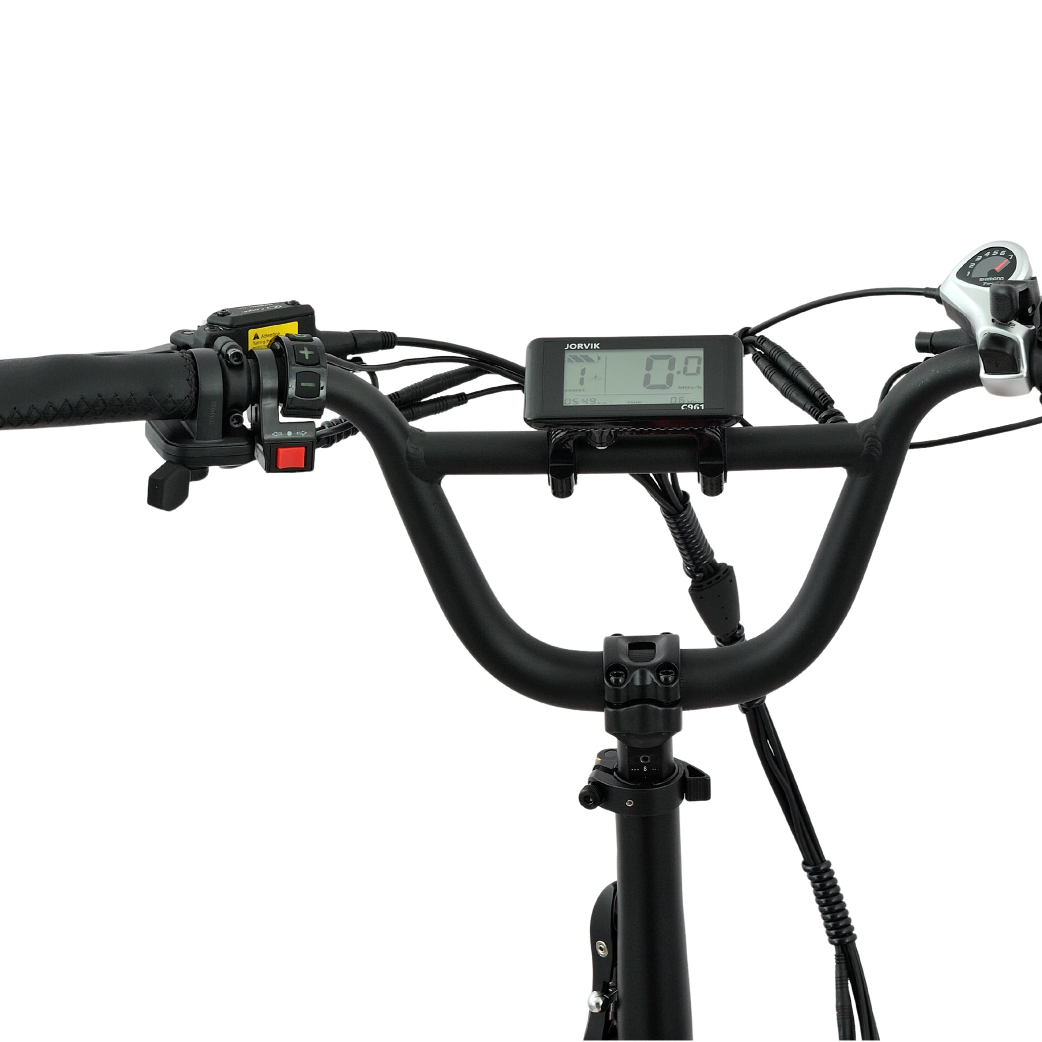 Close-up of bicycle handlebar with digital display on a white background
