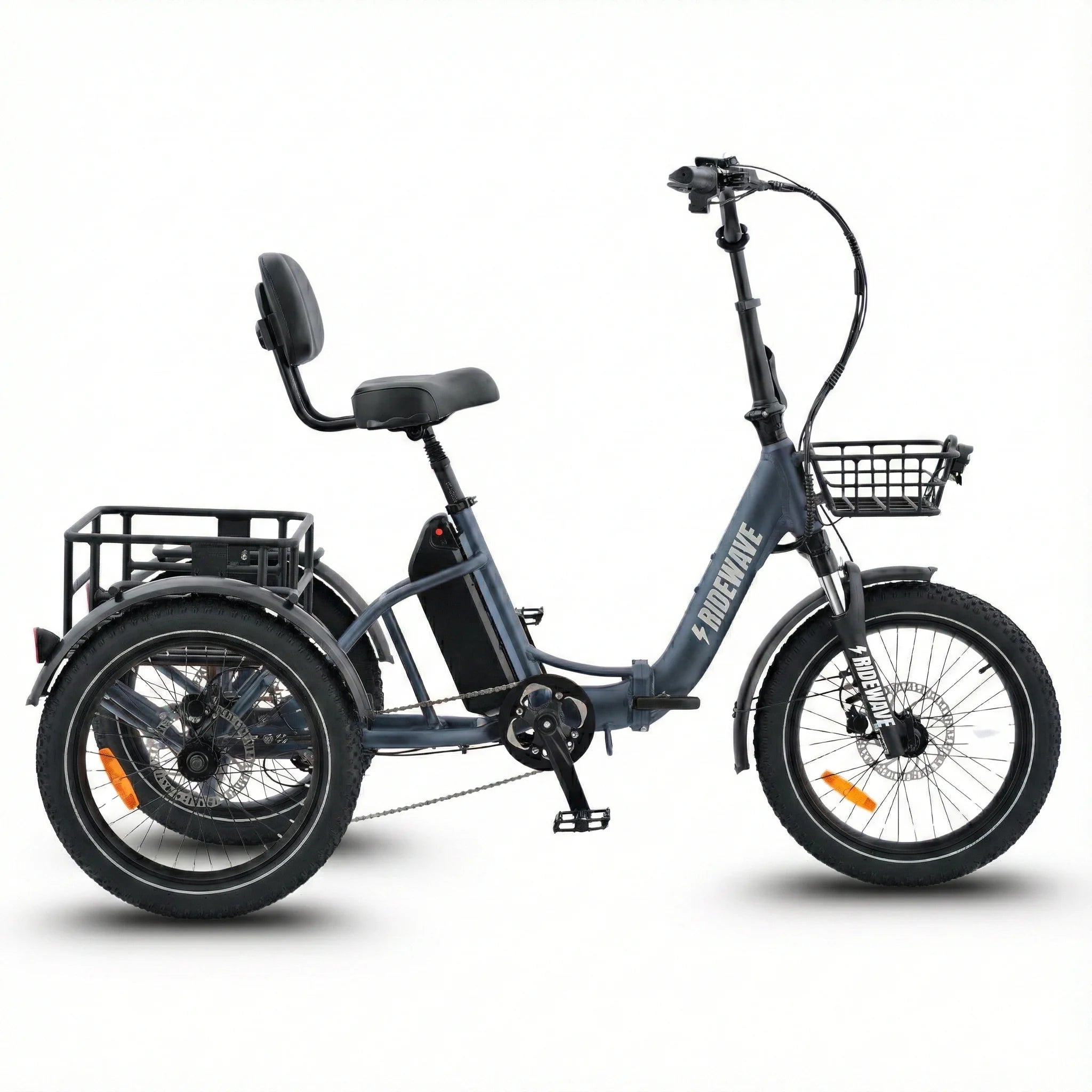 #color_slate-blue Gray electric tricycle with a basket on a white background